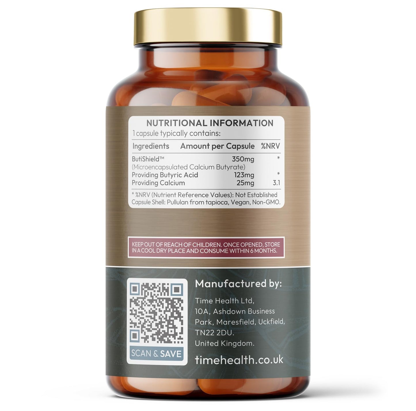 Time Health Calcium Butyrate – Made with Premium ButiShield – >35% Butyric Acid – Gut & Microbiome Support – 60 Capsules