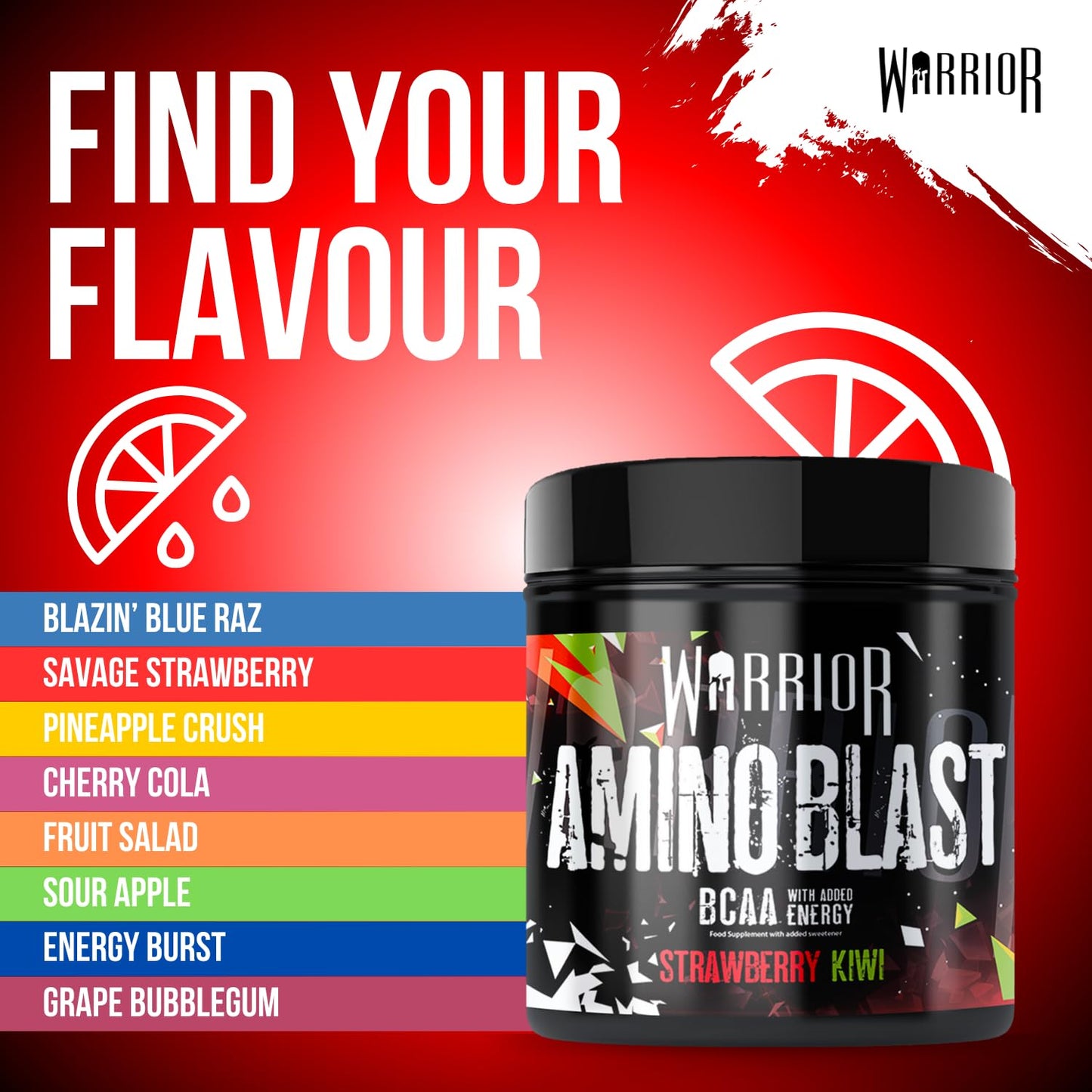 Warrior Amino Blast BCAA Powder 270g – Fruit Salad Flavour, BCAA Supplement for Muscle Recovery, Energy, Endurance, Hydration, Pre & Post Workout Nutrition - Strawberry Kiwi