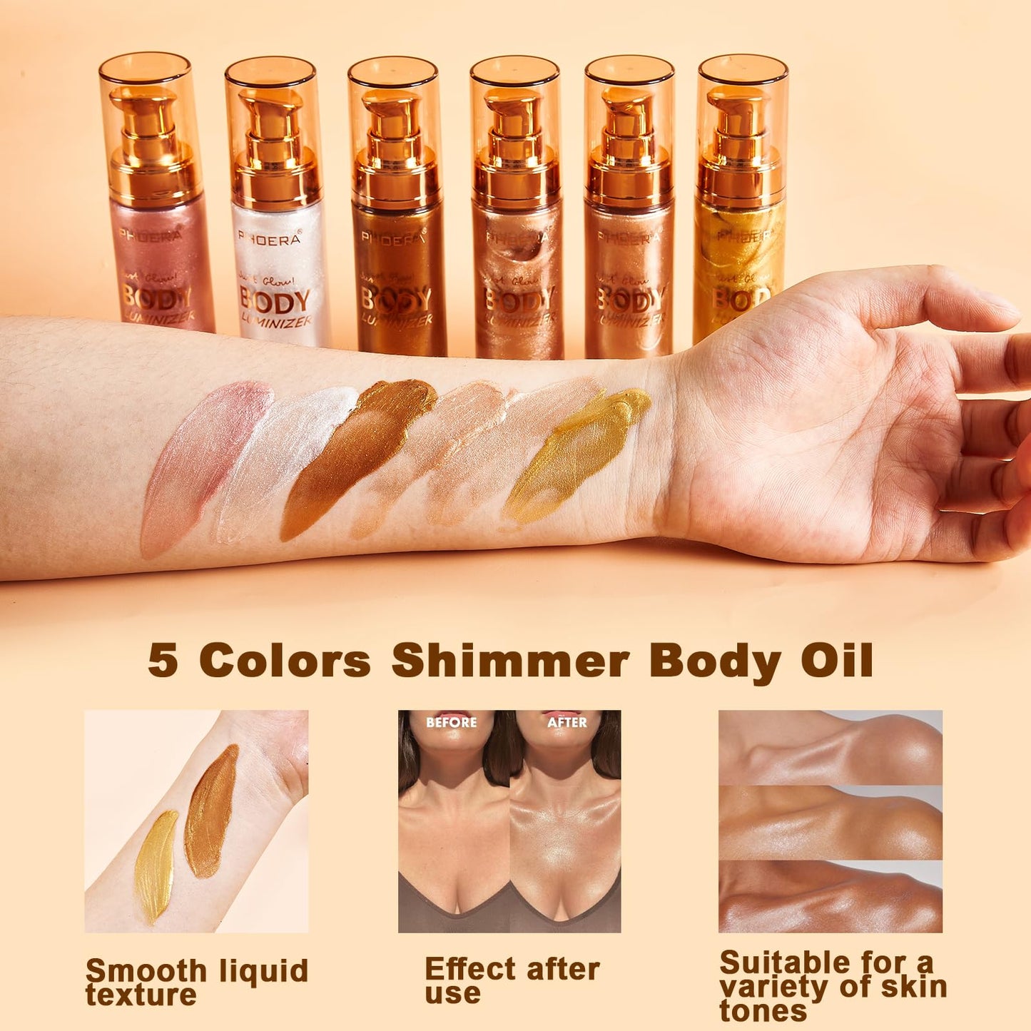 Hilareco PHOERA Body Shimmer Oil, Bronzer Glow Highlighter Luminizer Illuminator with Makeup Brush, Self Tanning Lotion, 1oz/Jars (101 Rose Gold)