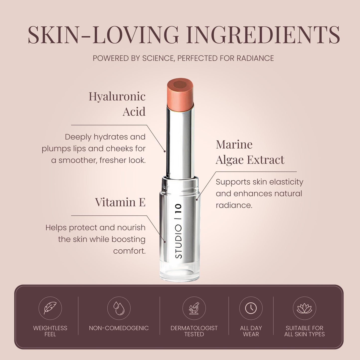 Studio10 Cheek & Lip Tint – Peach Shade, Hydrating Cream Blush Stick with Satin Finish for Mature Dry Skin