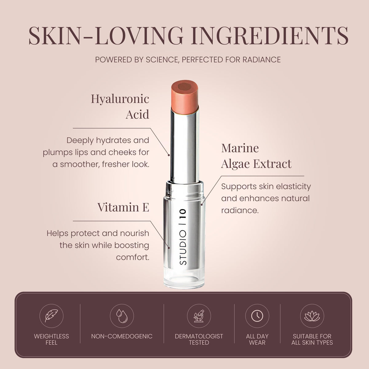 Studio10 Cheek & Lip Tint – Peach Shade, Hydrating Cream Blush Stick with Satin Finish for Mature Dry Skin