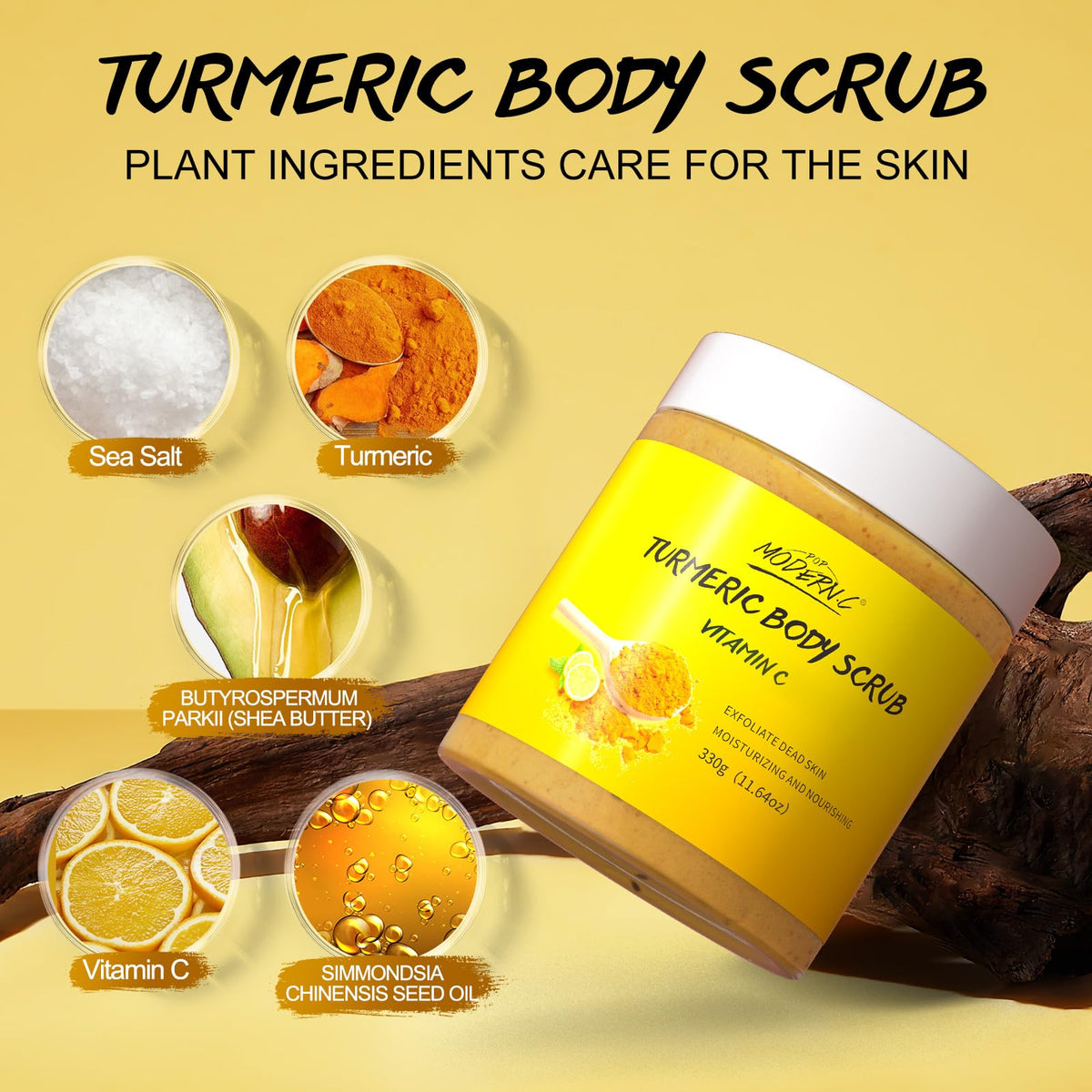 POP MODERN.C Turmeric and Vitamin C Body Scrub, Exfoliating Scrub, Remove Dead Skin Improve Dark Spots Acne, Natural Deep Cleansing, Exfoliator for Body Butt Bikini Area, Body Care for Men Women, with Loofah