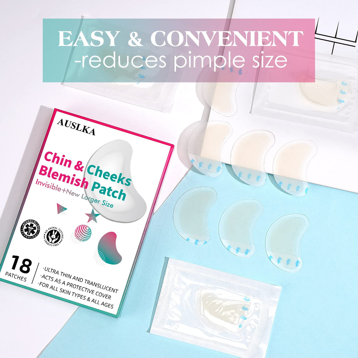 AUSLKA Blemish Patches for Chin & Cheeks -18 Patches, Hydrocolloid Patch - Blemish Patches - Zit Stickers - face Spot Dots - Zit Breakouts