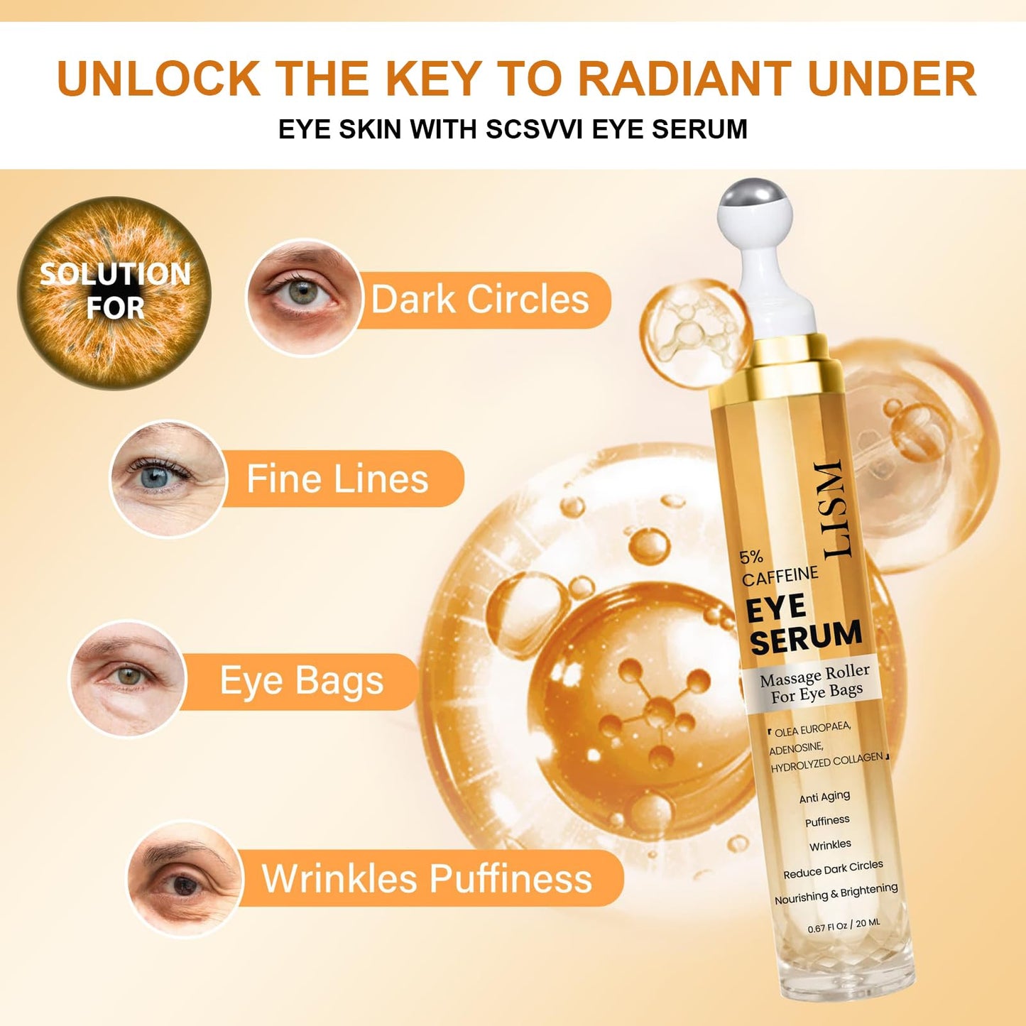 MADGININE Eye Cream for Dark Circles and Puffy Eyes Caffeine Eye Cream the Ordinary Caffeine Eye Serum Caffeine Eye Serum With 360° Massage Ball to Reduce Eye Bags Wrinkles and Fine Lines (20ml)