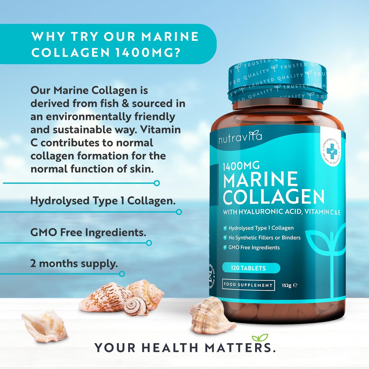 Marine Collagen Tablets 1400mg Enhanced with Hyaluronic Acid - Hydrolysed Collagen Supplements for Women and Men - 120 Tablets (2 Month Supply) - with Vitamin C, Vitamin E, Zinc and Vit B2 - Nutravita