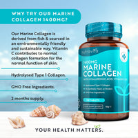 Marine Collagen Tablets 1400mg Enhanced with Hyaluronic Acid - Hydrolysed Collagen Supplements for Women and Men - 120 Tablets (2 Month Supply) - with Vitamin C, Vitamin E, Zinc and Vit B2 - Nutravita