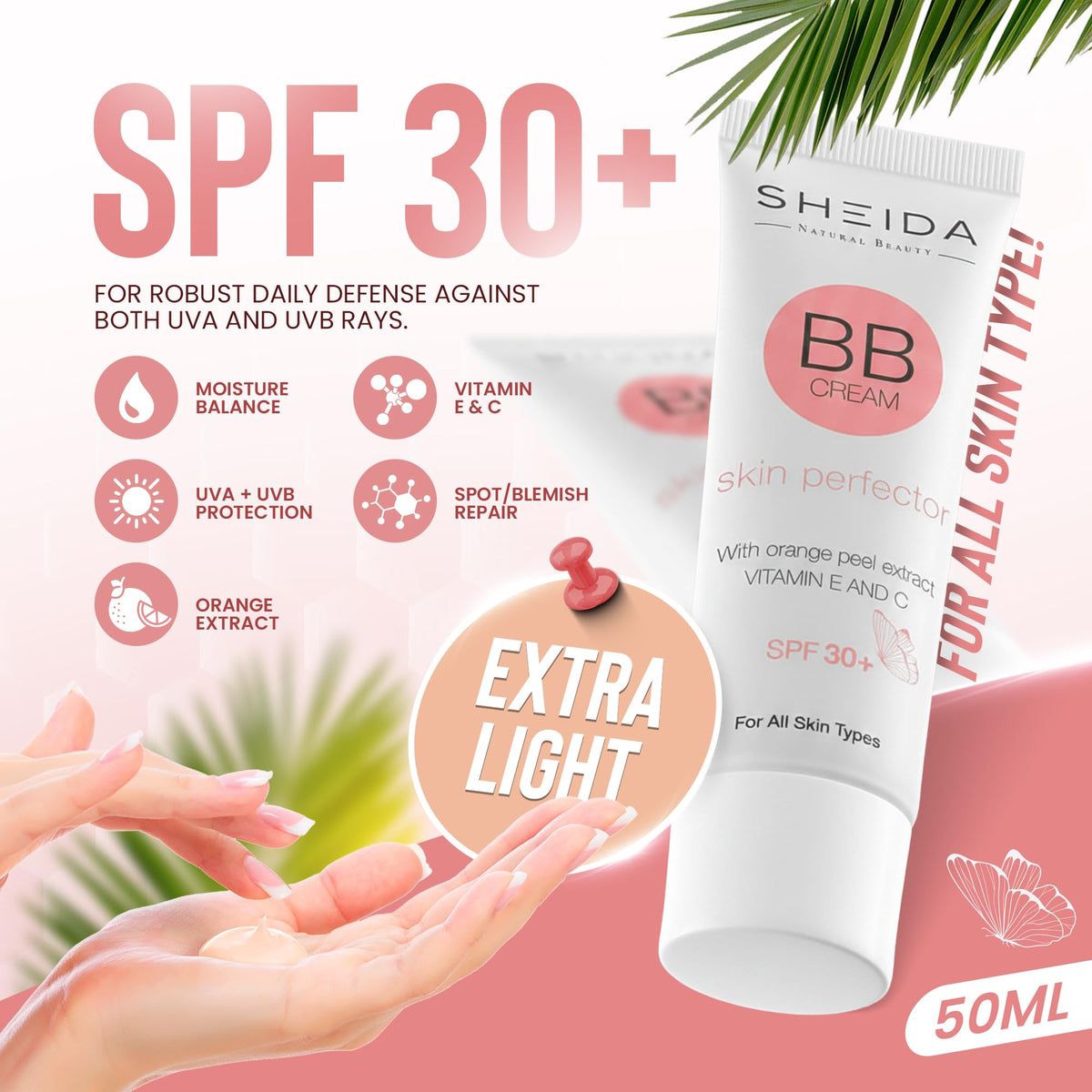 Sheida SHEIDA BB Creme, Tinted Day Cream with SPF 30+, 24h Moisture and Skin Optimiser for an Even Complexion, Enriched with Vitamin E & C. Multifunctional Care with Sun Protection (Extra Light, One Size)