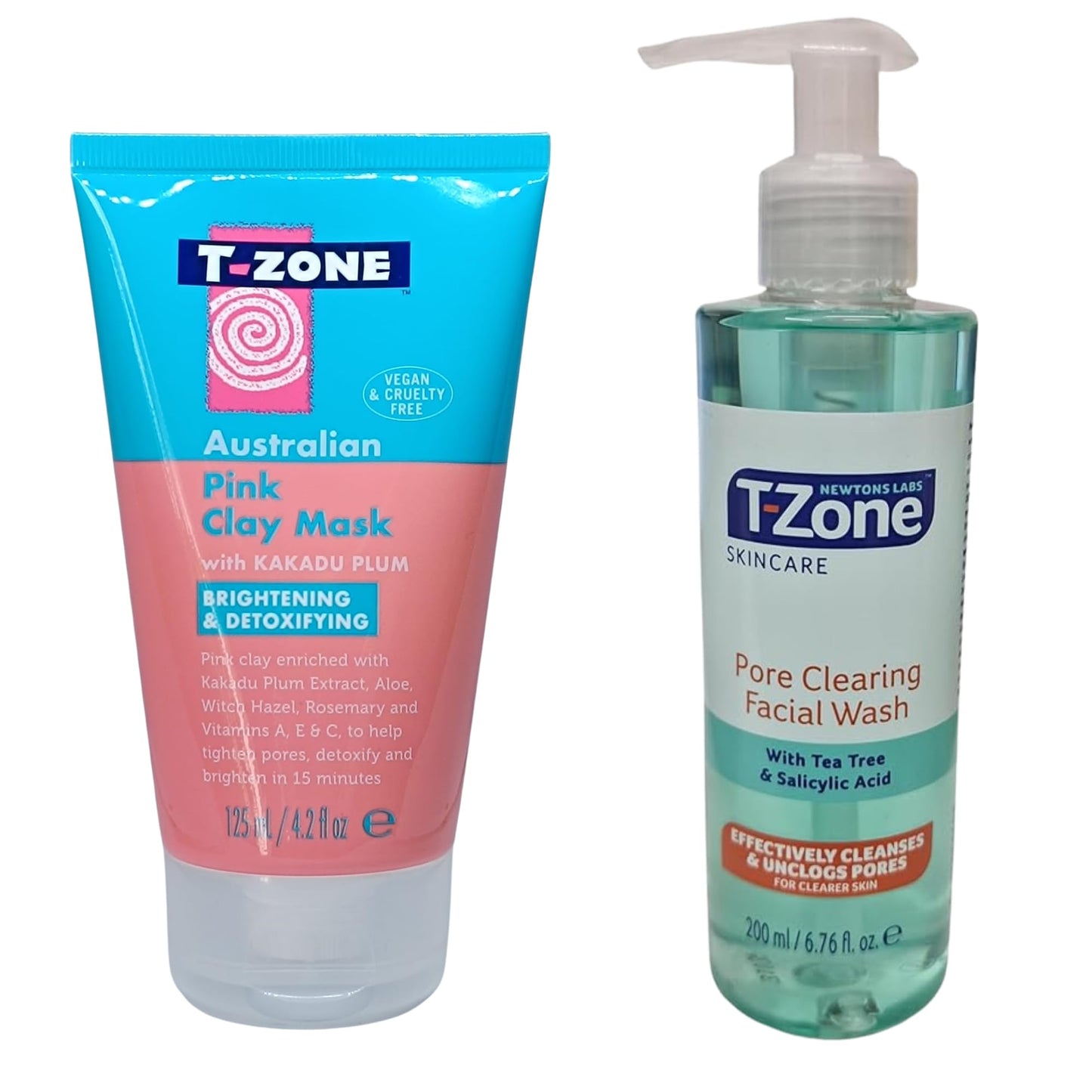 1 X Australian Pink Clay Mask 125ml & 1 X T-Zone Skincare Pore Clearing Facial Wash 200ml | Detoxifying Face Mask & Deep Cleansing Facial Wash for Clear, Glowing Skin.