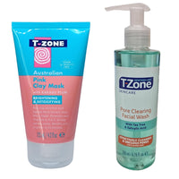 1 X Australian Pink Clay Mask 125ml & 1 X T-Zone Skincare Pore Clearing Facial Wash 200ml | Detoxifying Face Mask & Deep Cleansing Facial Wash for Clear, Glowing Skin.