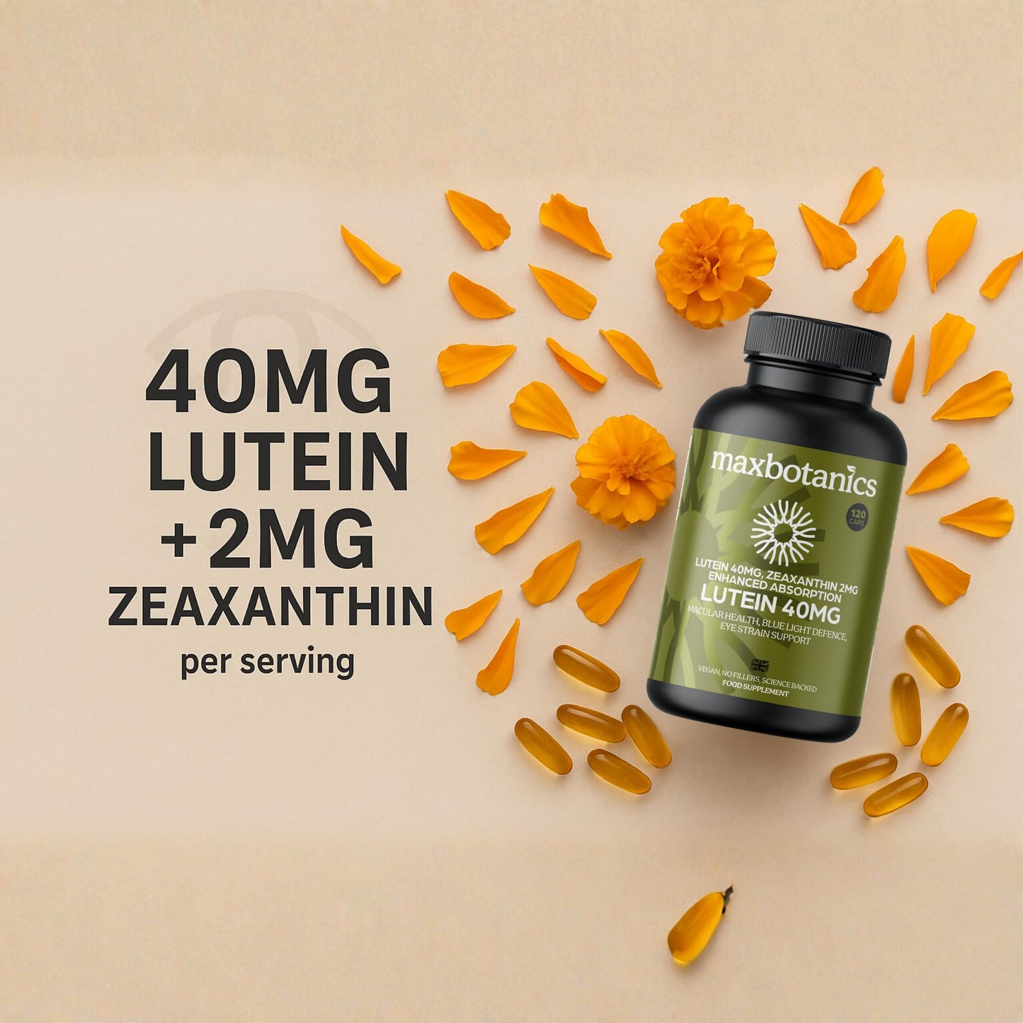 Max Botanics Lutein 40MG Zeaxanthin 2MG Natural Eye Strain Vision Support High Strength Supplement Blue Light Defence Macular Health Vegan 120 Capsules UK Made