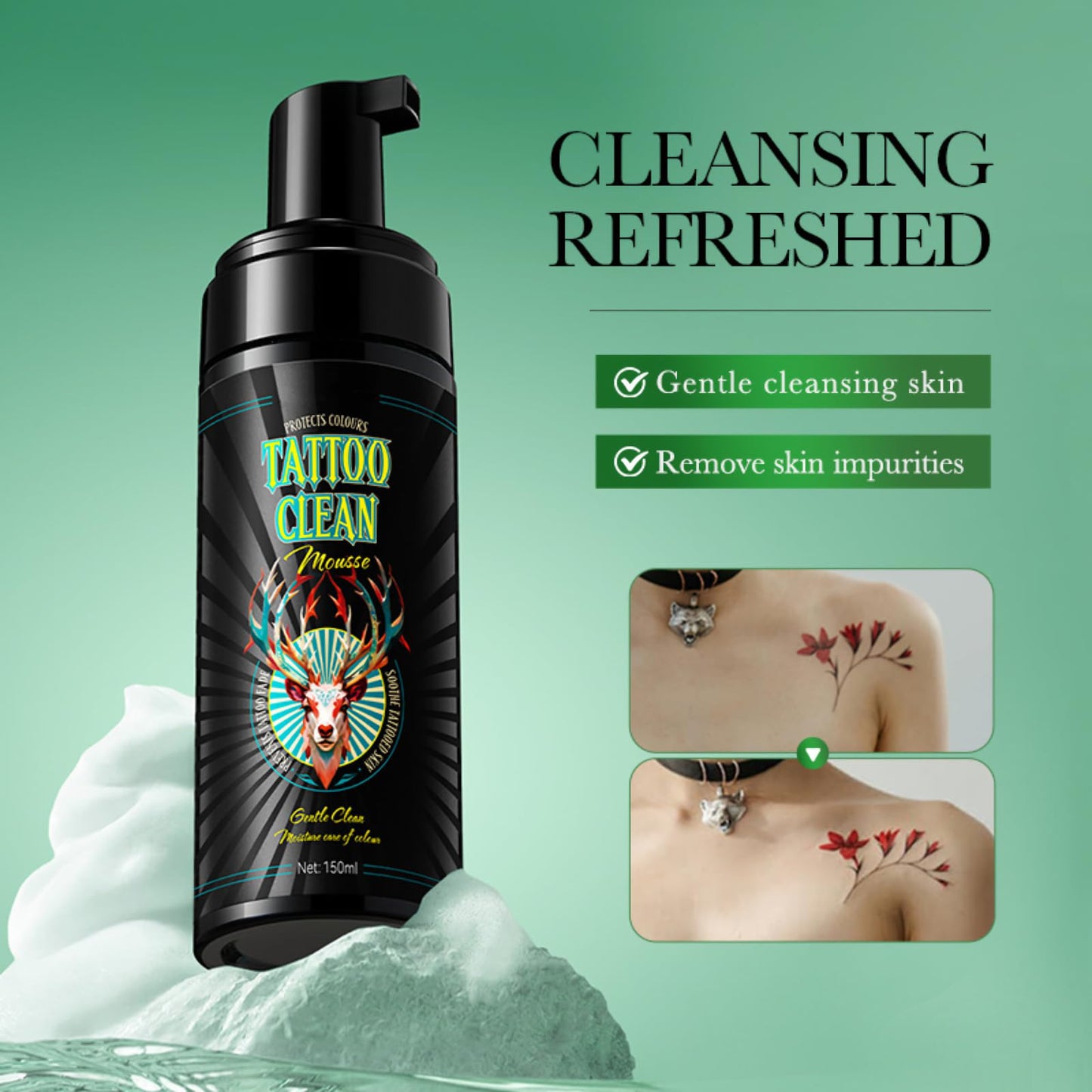 CTUBLIAUNX Tattoo Foaming Cleanser, Tattoo Aftercare Cleansing Foam, Tattoo Clean Soap, Moisturizing & Colour Protection, 150ml