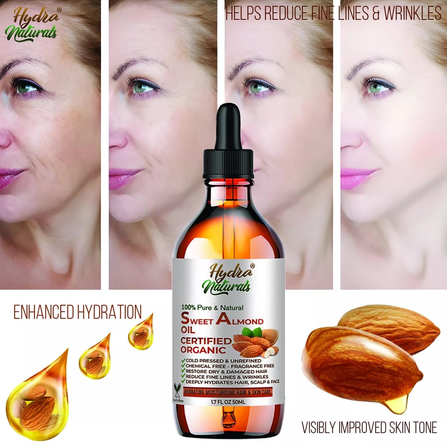 Hydra Naturals 100% Pure Sweet Almond Oil 120ml, Cold Pressed & Natural, for Hair, Skin, Face & Nails, Moisturising, Anti-Ageing, Fast Absorbing, Carrier Oil for Massage & Aromatherapy, UK Made