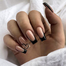 EONFAVE 24pcs French Tip False Nails - Press On Nails Long - French Style Black Edge Heart Stick On Nails With Glue - Long Coffin Shaped Elegant Design Fake Nails