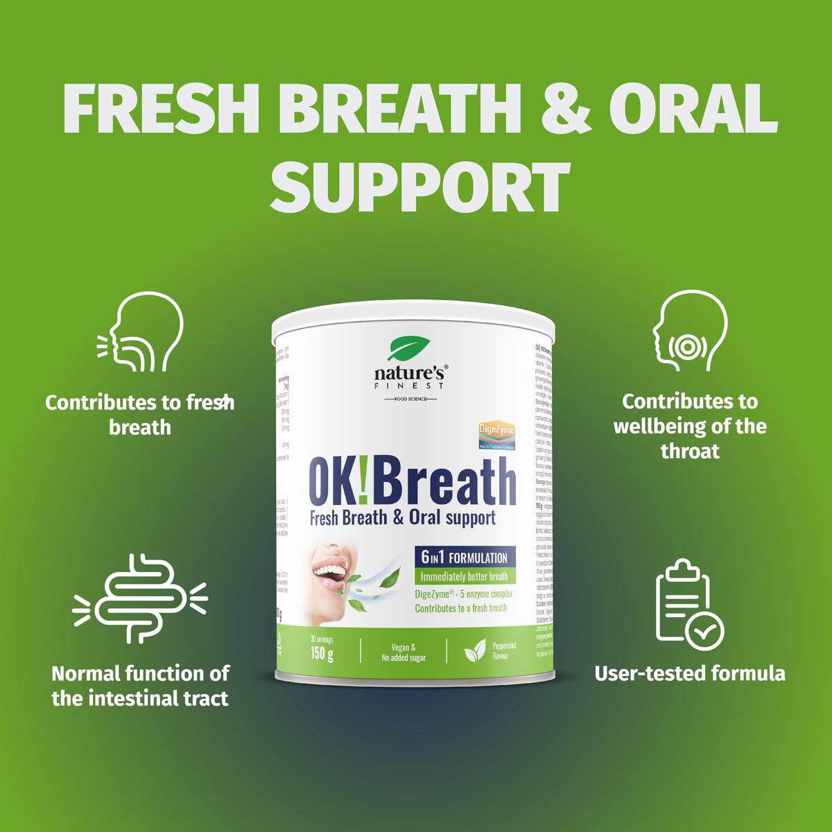 Nature's Finest by Nutrisslim OK!Breath - 6-in-1 Digestive Enzyme Complex, Natural Freshener and Bad Breath Treatment for Adults, Patented DigeZyme® Formula