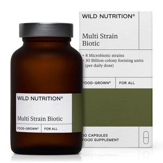 Wild Nutrition WILD NUTRITION Food-Grown® Multi Strain Biotic | Probiotics for Gut Health 30 Billion Live Bacteria | Lactobacillus, Acidophilus, Bifidobacterium | 8 Key Strains of Bacteria | Vegetarian | 30 caps