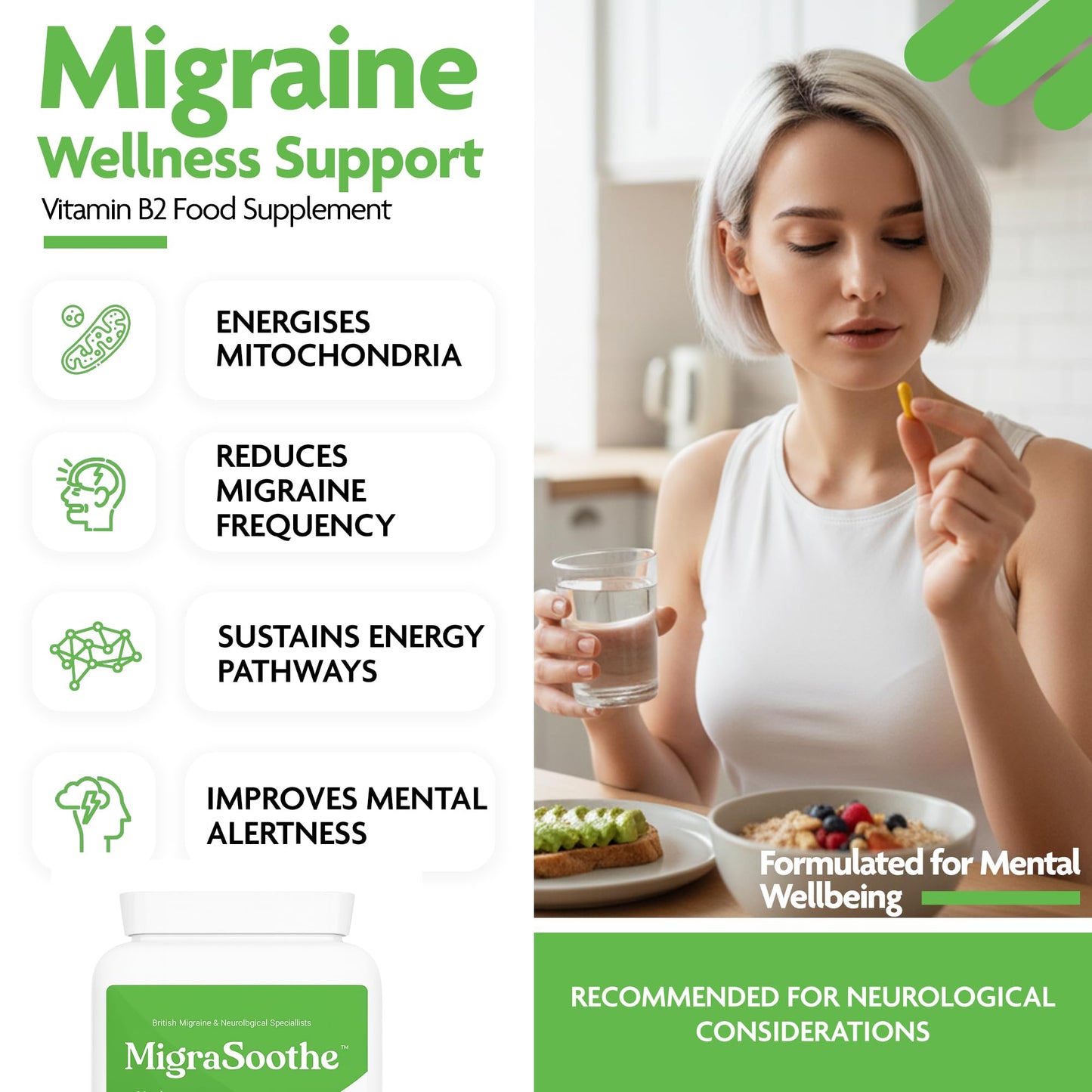 Bespoke Biotics Migraine Relief Feverfew + Ginger + Vitamin B2 Riboflavin 400mg per Capsule - Migrasoothe + Herbs NHS Recommended Ingredients UK Made Stress, Headaches Tremors & Energy Vegan. Vitamin B2 400 [60]