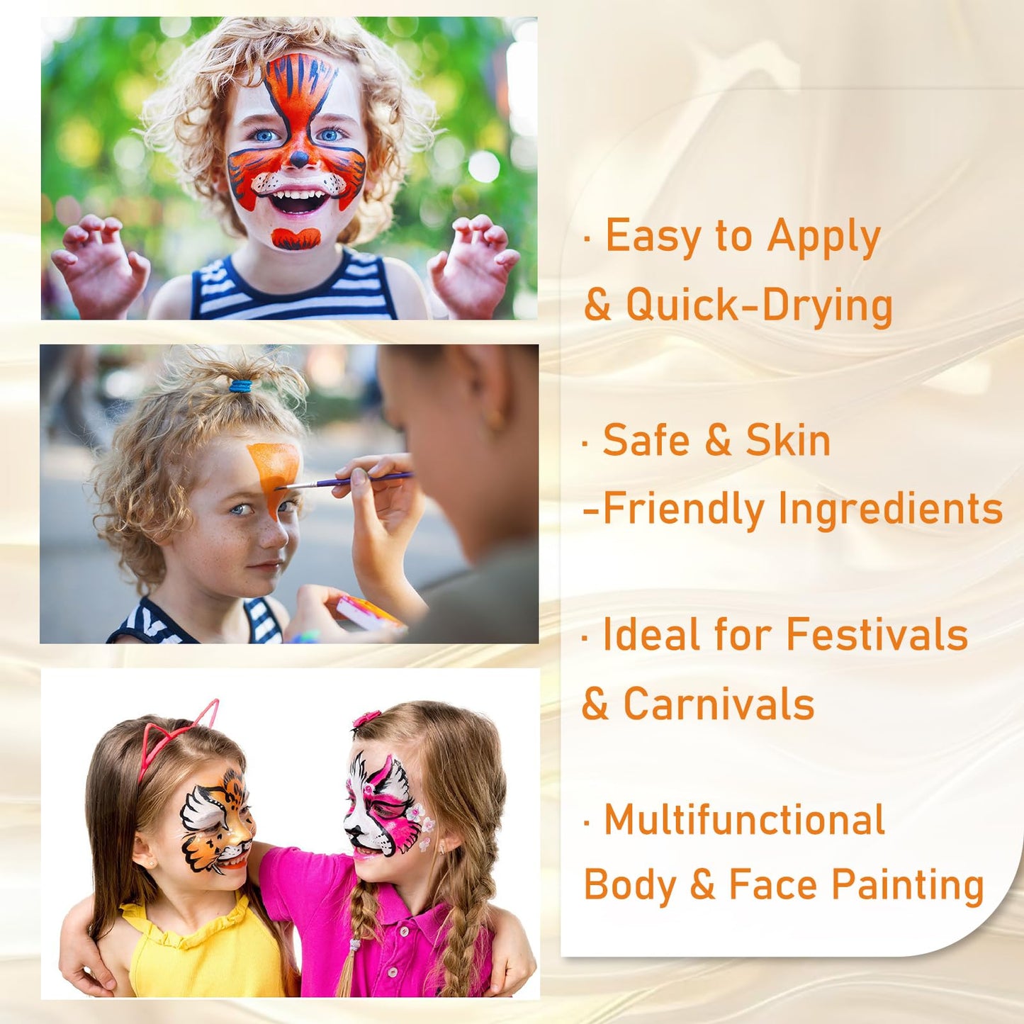 Rainbow Face Paint Kit, 6 Vibrant Colors, Water-Soluble Body & Face Makeup for Theatre, Carnival, Cosplay, Hypoallergenic Quick-Dry Formula, Easy to Wash Off, 50g