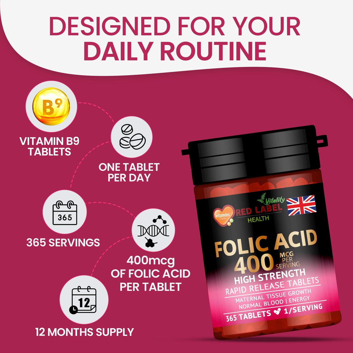 Red Label Health Folic Acid Tablets 400 mcg - 365 Vegan Vitamin B9 Tablets - 1 Year Supply - Pregnancy Care - Normal Function of Immune System & Maternal Tissue Growth During Pregnancy