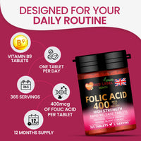 Red Label Health Folic Acid Tablets 400 mcg - 365 Vegan Vitamin B9 Tablets - 1 Year Supply - Pregnancy Care - Normal Function of Immune System & Maternal Tissue Growth During Pregnancy