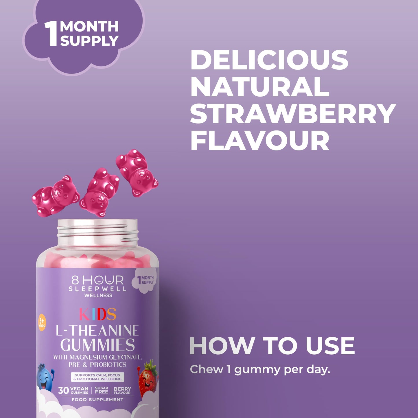 8 Hour Sleepwell Kids L Theanine Gummies – 50mg with Magnesium Glycinate & Prebiotics to Improve Kids Concentration & Focus | Sugar-Free, Vegan & Chewable | Ages 3+ | Berry Flavour | 1 Month Supply