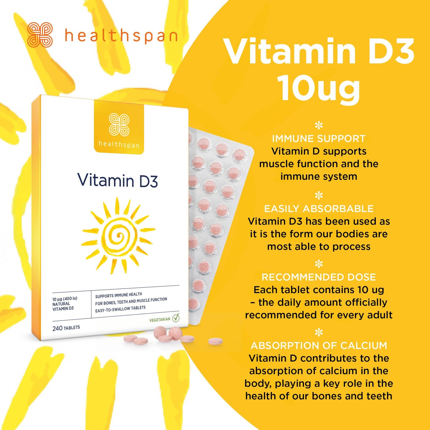 Healthspan Vitamin D3 400iu (8 Months' Supply) | Support Your Immune Health & Promotes Healthy Bones, Teeth & Muscles | Vegetarian