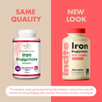 Incite Nutrition Gentle Iron Tablets - Iron Bisglycinate 28 mg, 6 Month’s Supply - 360 High Strength Tablets - Supplement Suitable for Vegans - Best Immune System Booster for Women & Men - Made in UK