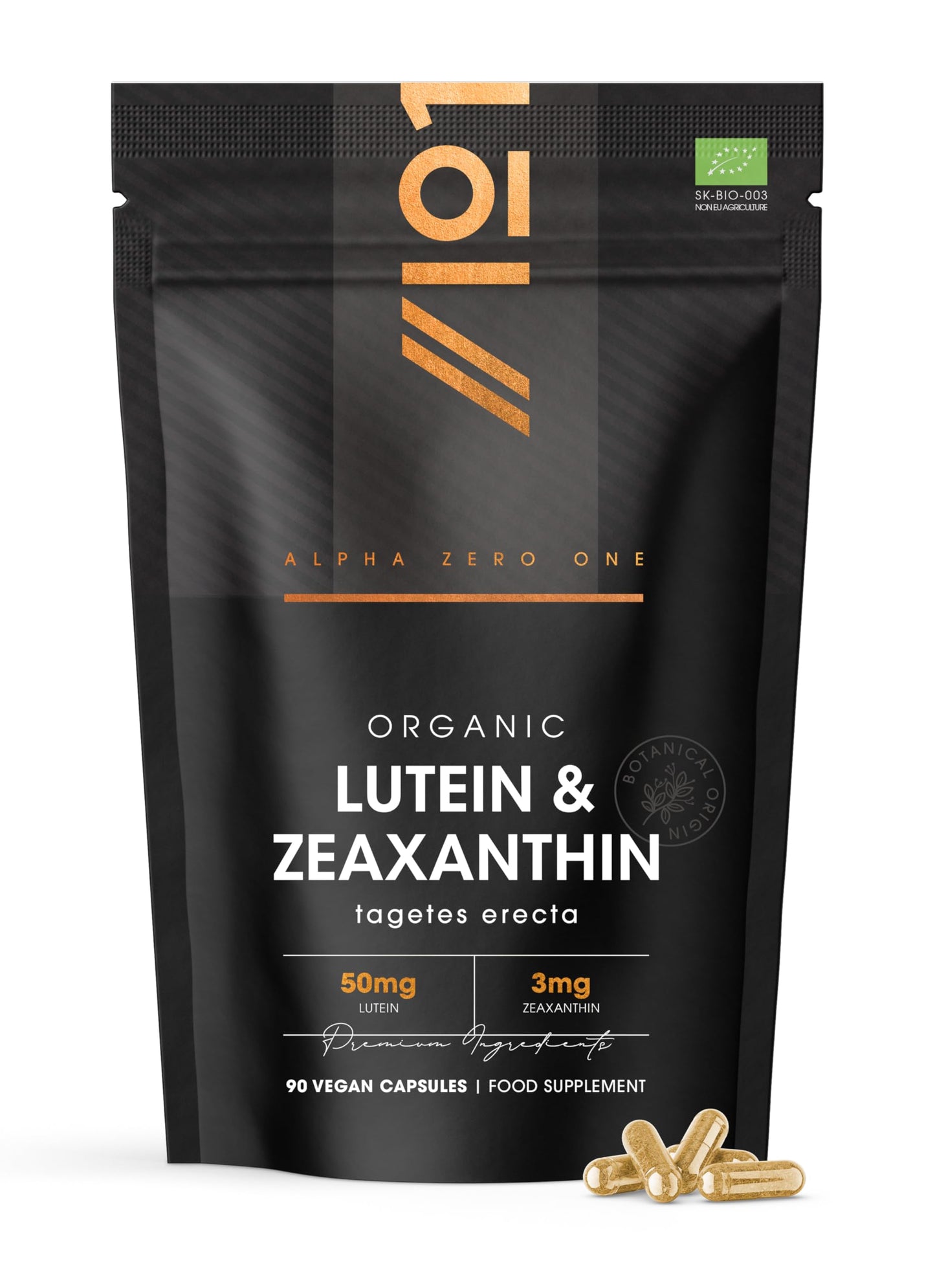 ALPHA01 Organic Lutein & Zeaxanthin – 50mg Lutein & 3mg Zeaxanthin from Organic Marigold Flower Extract – 90 Vegan Capsules – Resealable and Recyclable Pouch by Alpha01