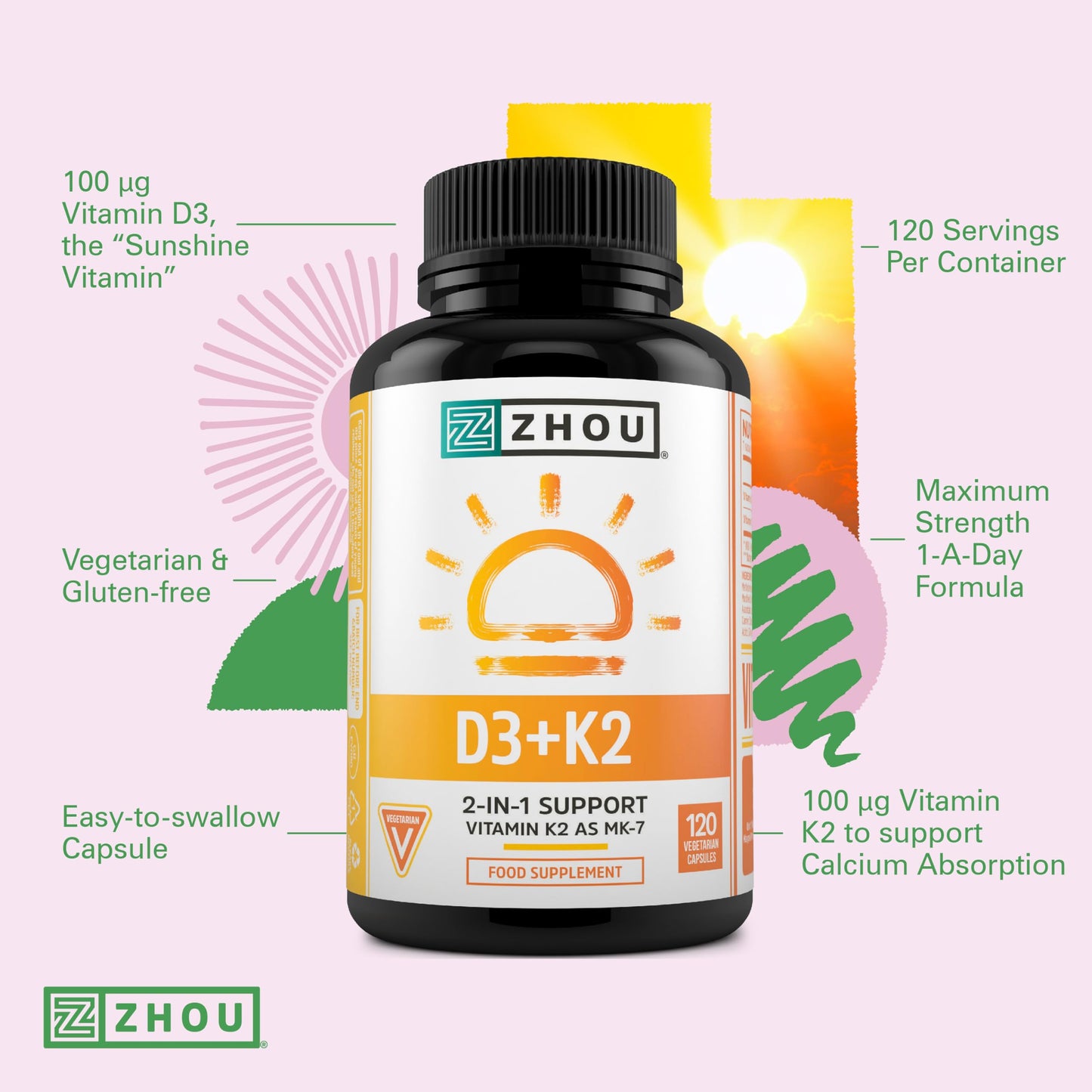 Nu U Nutrition Vitamin D3 4000IU & Vitamin K2 100ug MK7-120 Vegetarian Capsules - 4 Month Supply - High Strength Cholecalciferol and MK7 - Vitamin D & K Supplement - Zhou