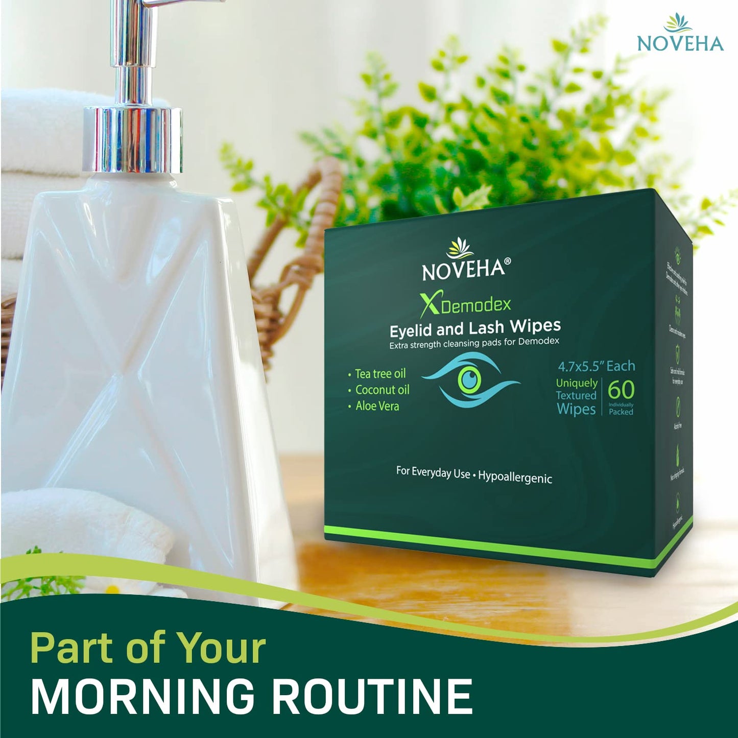 NOVEHA Demodex Eyelid & Lash Wipes | Box Of 60 Individually Wrapped Extra Strength Cleansing Eyelash Wipes - Battle Itchy & Irritated Eyes associated with Demodex Mites, Naturally Remove debris