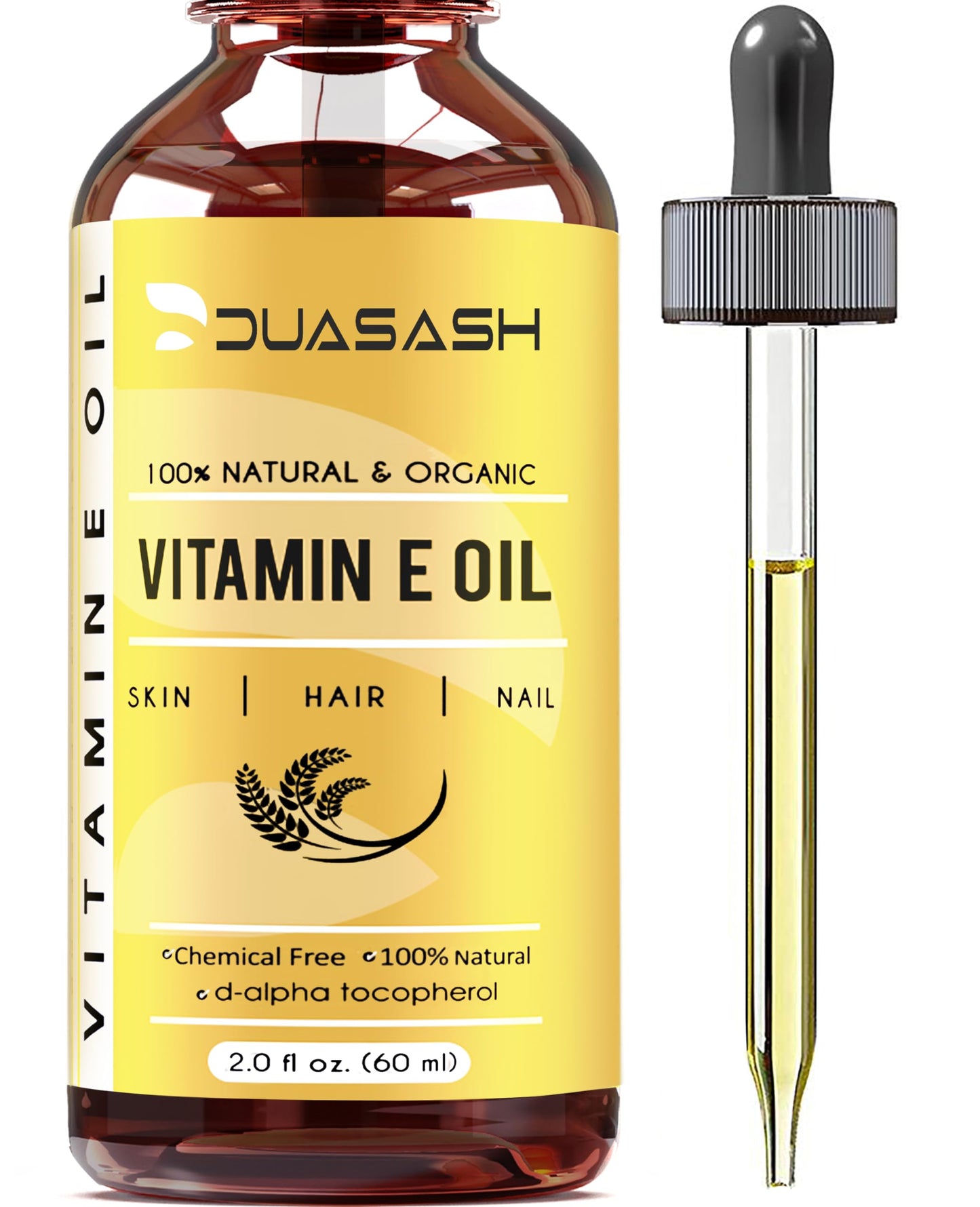DUASASH Duasash Vitamin E Oil for Skin & Face Naturally Sourced Plant-Based Organic 100% Pure Vitamin E Oil for Hair Growth d-Alpha-tocopherol Body Oil for Women & Men, Moisturizes Skin, Hair, Nails 60ml