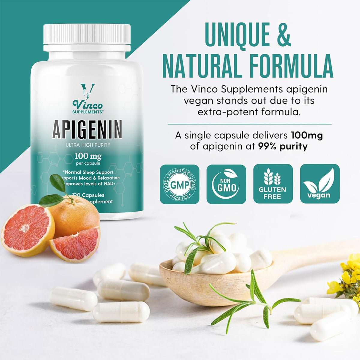 Vinco Supplements Vinco Apigenin 100mg Supplement - 120 Sleep Capsules for Better Relaxation, 99%+ Pure Natural Formula - NAD Booster, Apigenin Sleep Supplements, Natural Sleep Aid for Adults - Made in the UK
