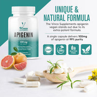 Vinco Supplements Vinco Apigenin 100mg Supplement - 120 Sleep Capsules for Better Relaxation, 99%+ Pure Natural Formula - NAD Booster, Apigenin Sleep Supplements, Natural Sleep Aid for Adults - Made in the UK
