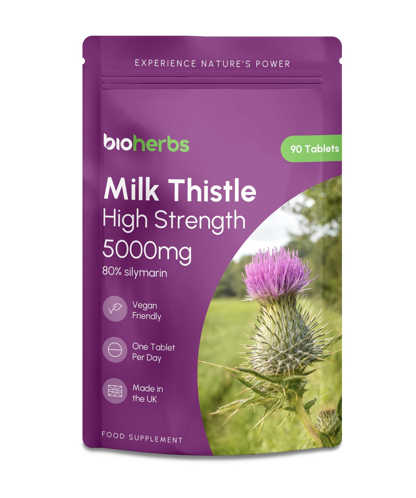 Milk Thistle High Strength 5000mg - 80% Silymarin (125mg Extract) by BioHerbs | 90 One-Per-Day Milk Thistle Tablets (3-Month Supply)