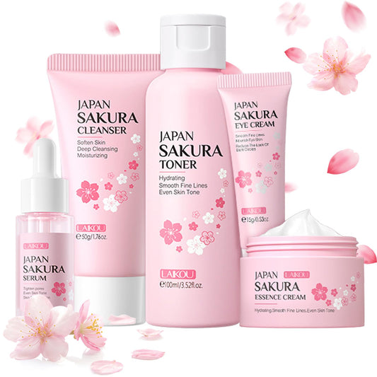 Shengqialun Skin Care Sets & Kits, Cherry Blossom Skin Care for Teenage Girls, Skincare Gift Set with Cleanser, Toner, Serum, Essence Cream,Eye Cream, Skin Essentials Travel Kit All Skin Types