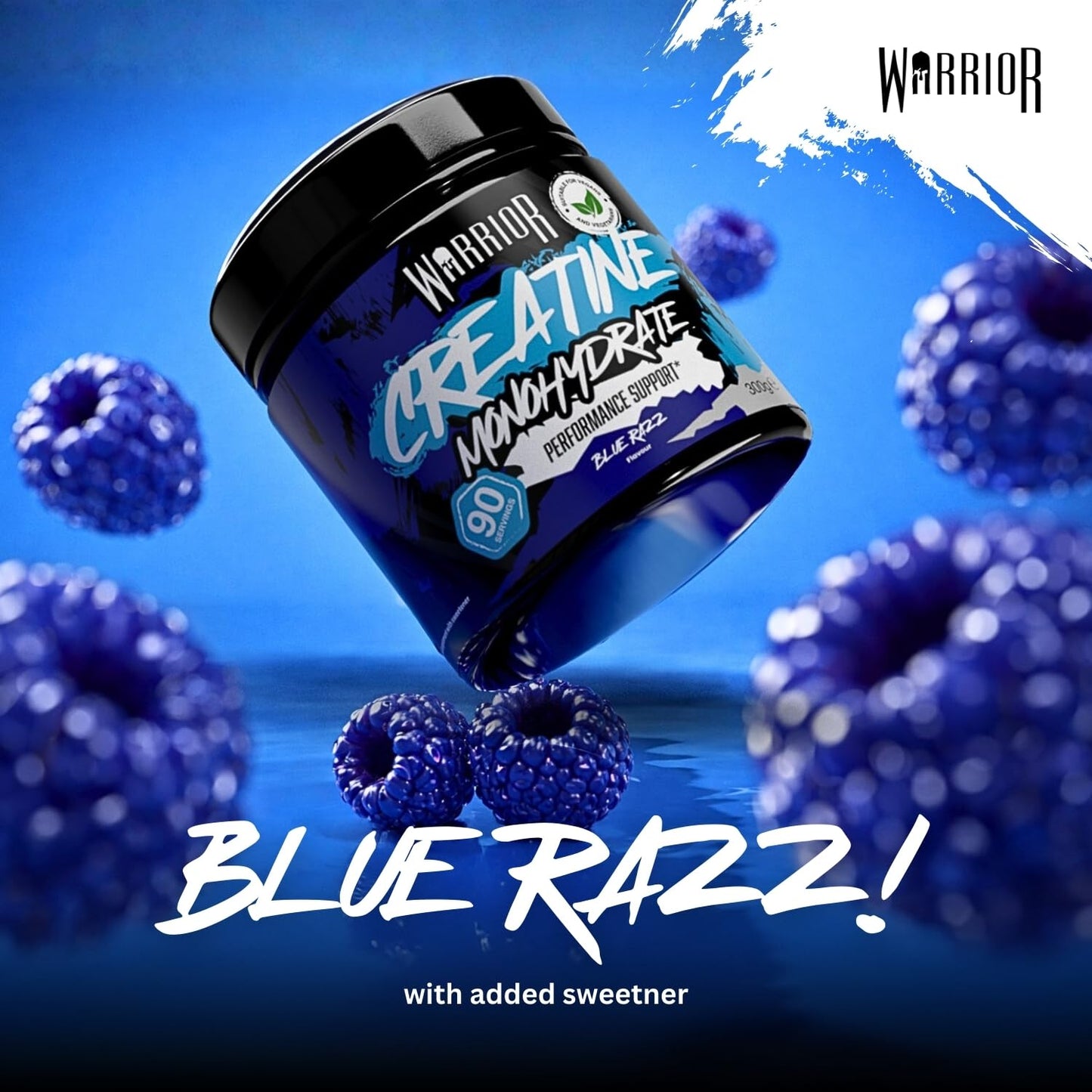 Warrior Flavoured Creatine Monohydrate Powder 300g (90 Servings) – Creatine Powder Drink, Creatine for Performance, Strength & Recovery (Not Creatine Gummies or Tablets) – Blue Razz