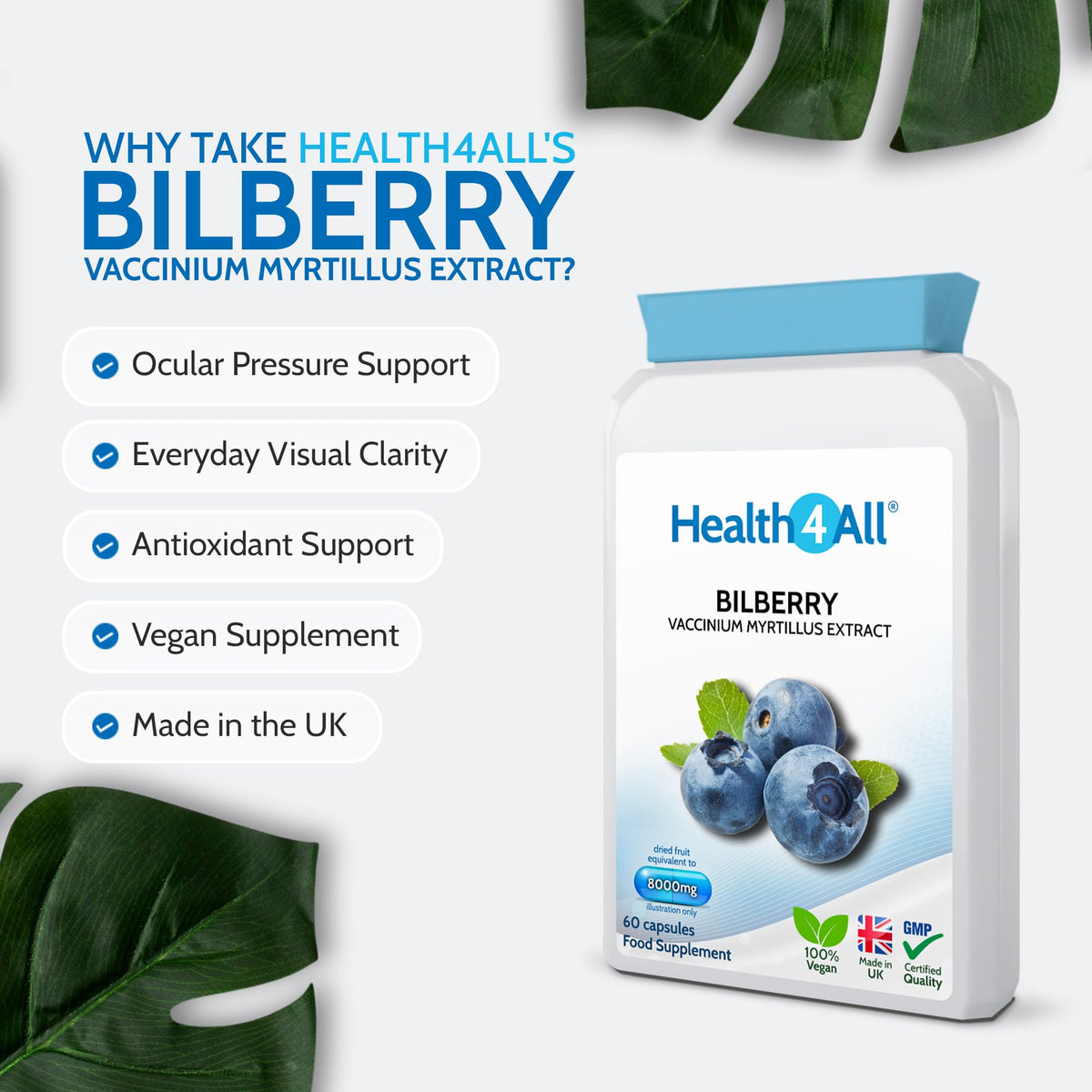 Health4All Bilberry Extract 8,000mg per Capsule, 60 Capsules 2 Months Supply, Pure High Strength Bilberry Eye Supplement, Antioxidant for Eye Health with Anthocyanidins, Easy to Swallow | Made in UK