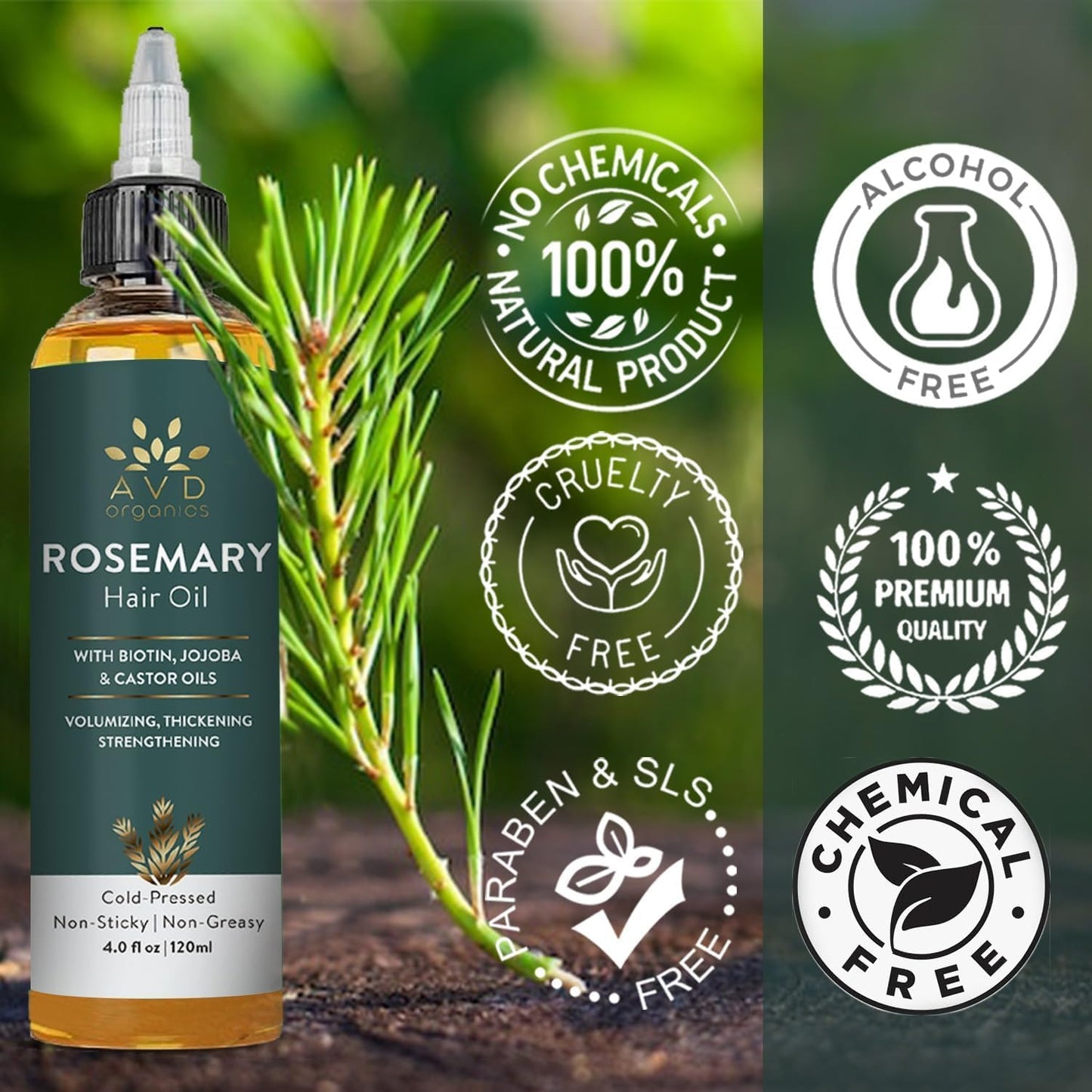 AVD ORGANICS AVD Organics Rosemary Hair Oil with Biotin – Strengthening, Nourishing, and Volumizing | Infused with Jojoba & Castor Oil | Non-GMO, 120ml