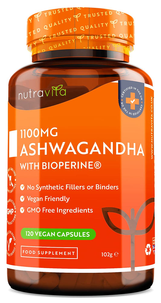 Ashwagandha 1100mg - 120 Vegan Capsules with Added Bioperine® - High Strength Natural Ashwagandha Root Powder - Vegan Friendly Ashwaganda Supplement - Made in The UK by Nutravita