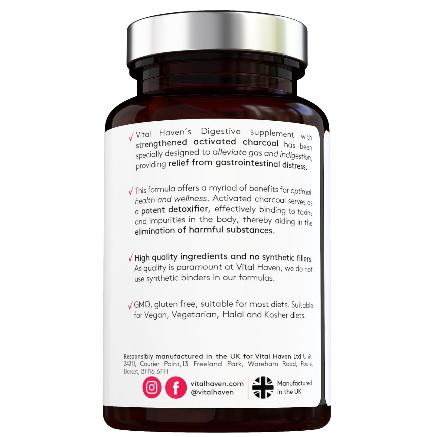 High Purity Activated Charcoal Capsules 2100mg - 120 Capsules - Max Potency - Vegan - Gut and Digestion Supplement - Premium Ingredients - Made in The UK by Vital Haven
