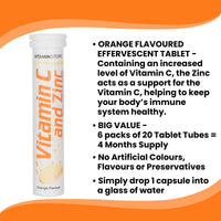 Vitamin Store Vitamin C and Zinc Effervescent Tablets, Orange Flavoured, Suitable for Vegans, 6 Packs of 20