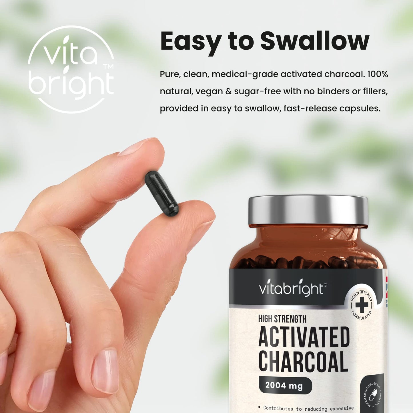 Activated Charcoal Capsules - 250 Capsules - 2004mg per Serving of 6 Capsules - from Natural Coconut Shell - for Indigestion, Bloating, Excessive Flatulence, Gas - Vegan - Made in UK by VitaBright