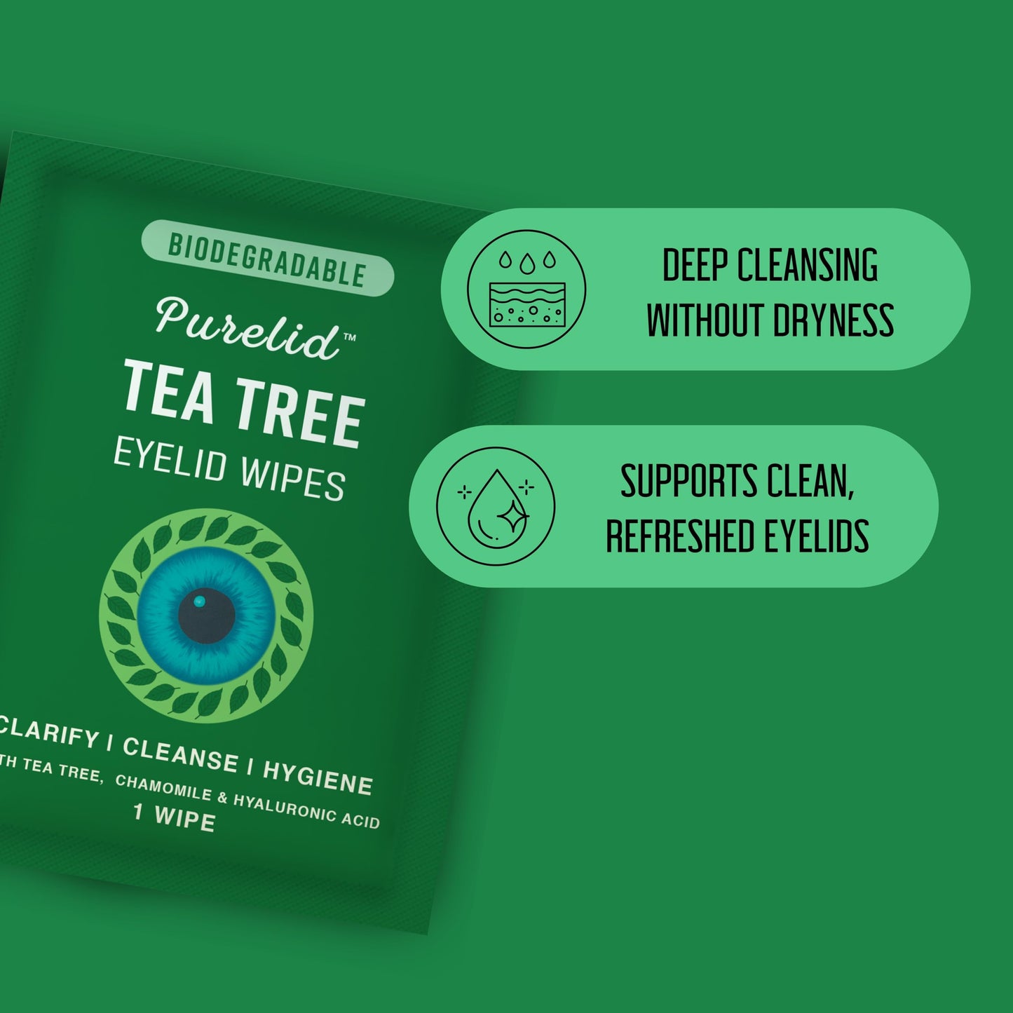 PURELID Tea Tree Eyelid Wipes – 100 Tea Tree Oil Eye Wipes for People with Dry Eyes & Allergies – Gentle Eyelid Cleanser with Hyaluronic Acid – Individually Wrapped & Biodegradable