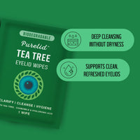 PURELID Tea Tree Eyelid Wipes – 100 Tea Tree Oil Eye Wipes for People with Dry Eyes & Allergies – Gentle Eyelid Cleanser with Hyaluronic Acid – Individually Wrapped & Biodegradable