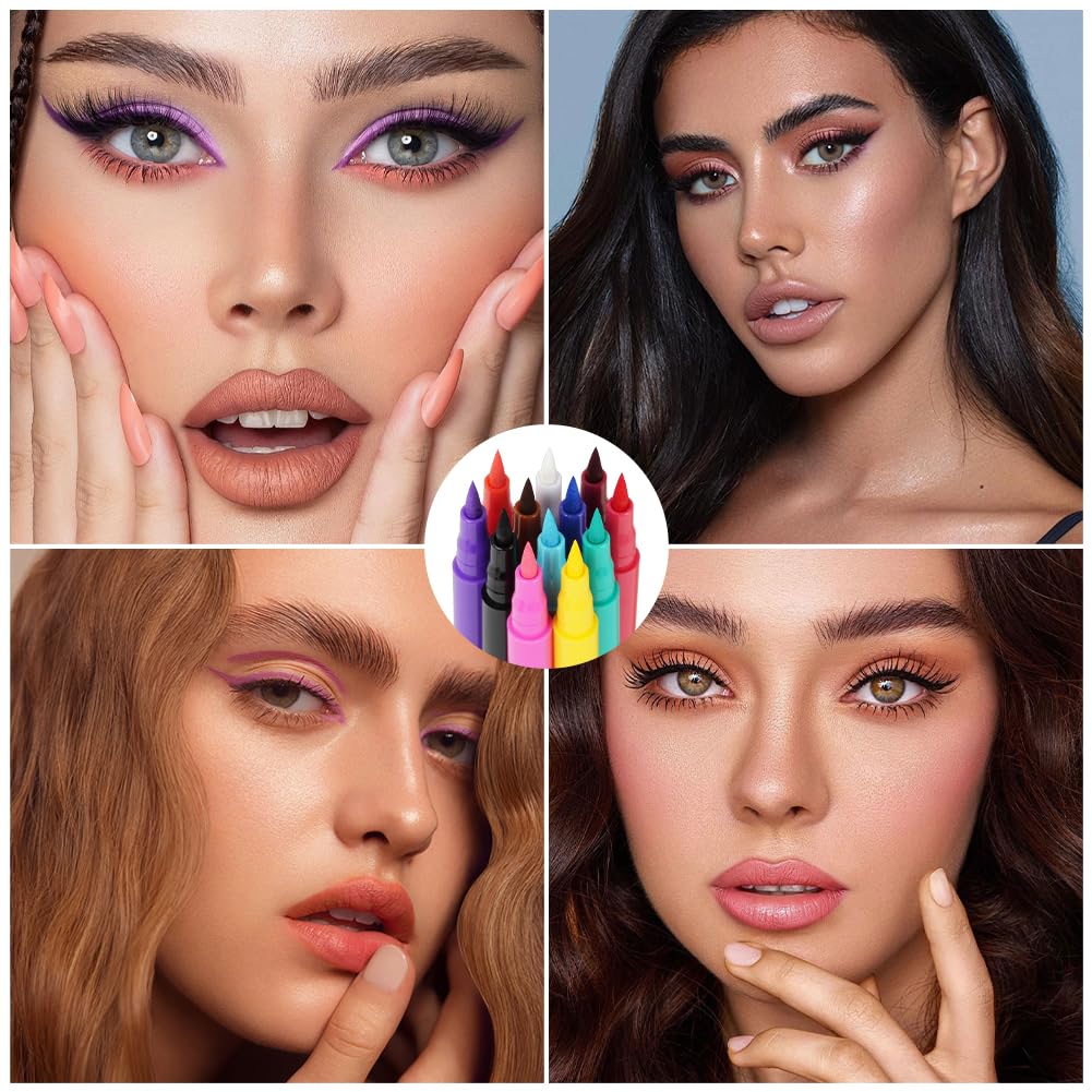 LOPHE 12 Coloured Liquid Eyeliner Set, Rainbow Colorful Eyeliner Pencil, Matte Eyeliner Pencil, Long-lasting & Waterproof, Smudge-Proof Eye Liners, Suitable for Christmas And Masquerade Makeup