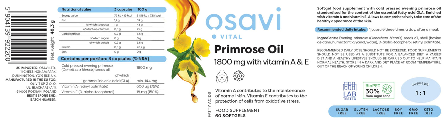 Osavi Primrose Oil with Vitamin A & E, 1800mg - 60 softgels