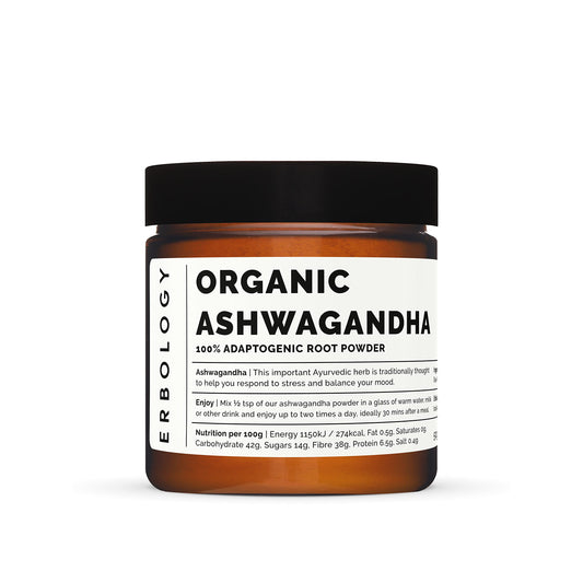 Erbology 100% Organic Ashwagandha Powder 50g - Sleep Aid - Straight from Farm - Raw, Vegan and Gluten-Free - Non-GMO - No Additives or Preservatives - Recyclable Glass Jar