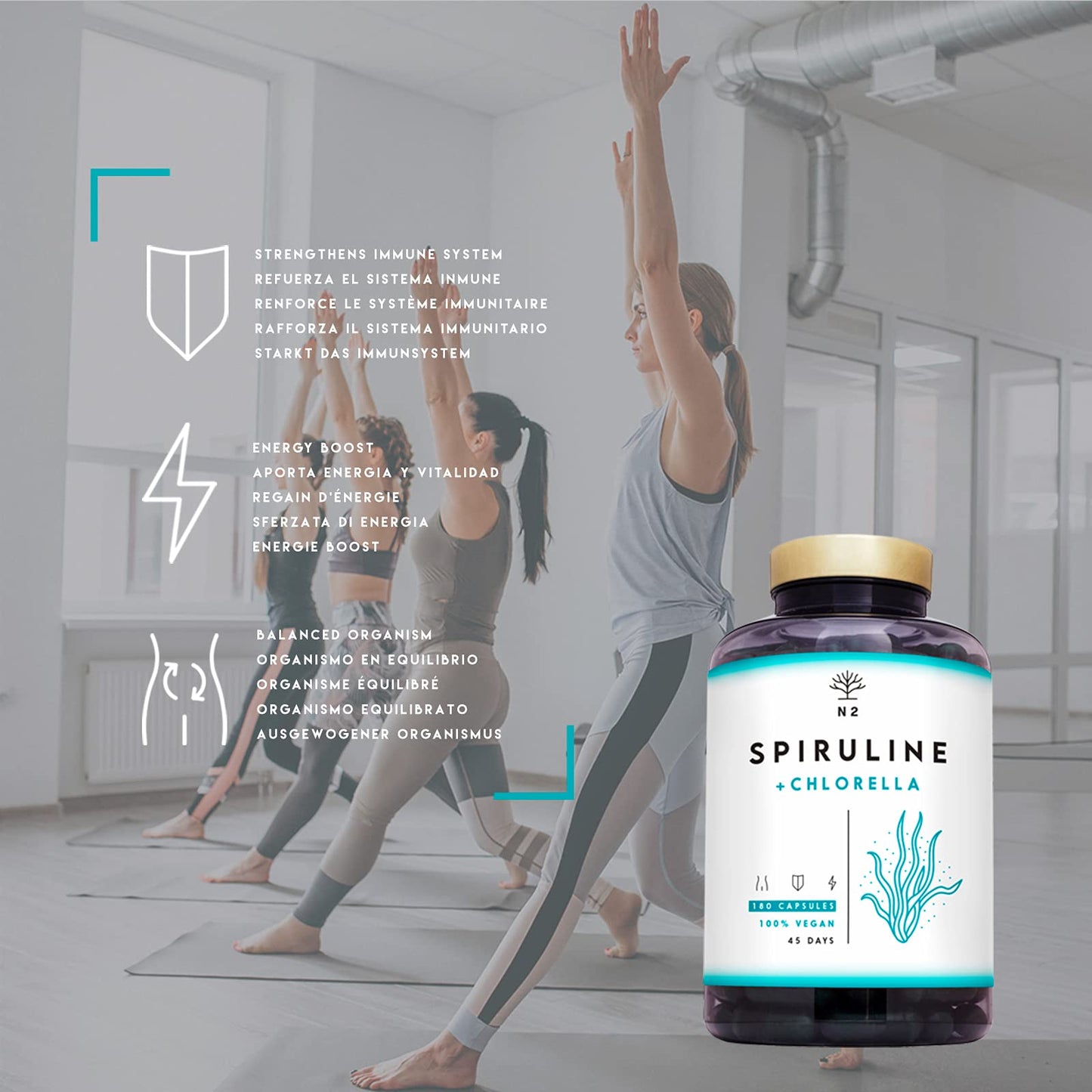 Chlorella Spirulina Tablets 1250mg Powerful Antioxidant,Helps Immune System,Reduces Fatigue.Provides Iron, Eliminates Heavy Metals.180 Vegetable Capsules.1250mg.UK Vegan Certified.N2 Natural Nutrition