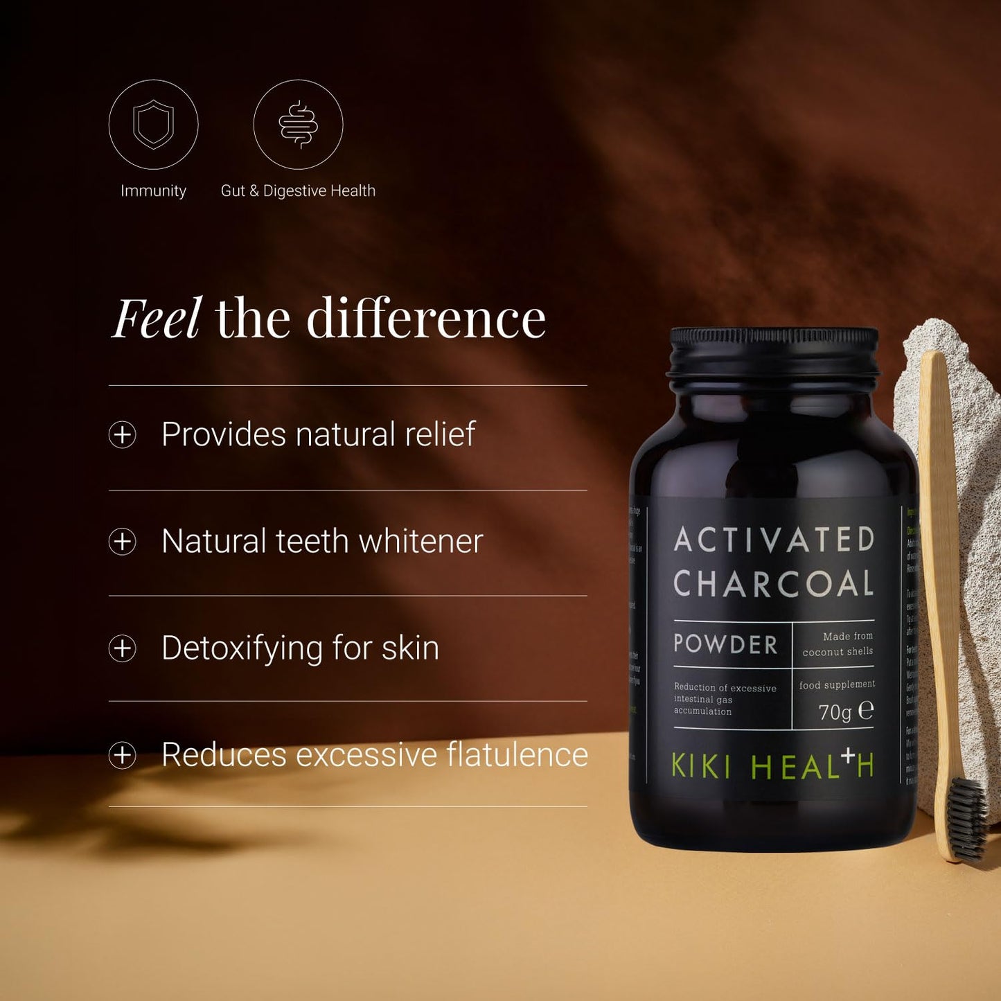 KIKI HEALTH KIKI Health Activated Charcoal Powder | Teeth Whitening Made from Coconut Shells | Food Grade Detox Supplement | Natural Relief Flatulence Indigestion Body & Mind | Vegan & Gluten Free – 70g