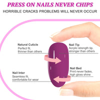 Ceboic 24Pcs Square Press on Nails - Medium Length Black Purple Tip with Glue Stickers, Elegant Acrylic Full Cover for Women Girls