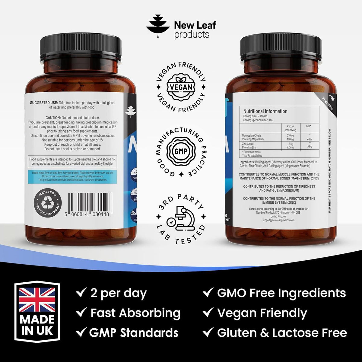 NEW LEAF PRODUCTS Magnesium Supplements with Zinc 365 Tablets – Bones, Muscle Immune Support Easy to Swallow Sleep Supplement Vegan, GMO-Free, Gluten-Free, UK Made by new Leaf